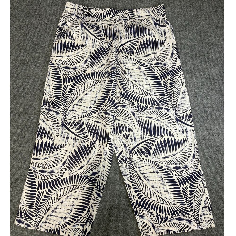 Tahari 100% Linen Pants Womens XL Wide Leg Blue White Tropical Print